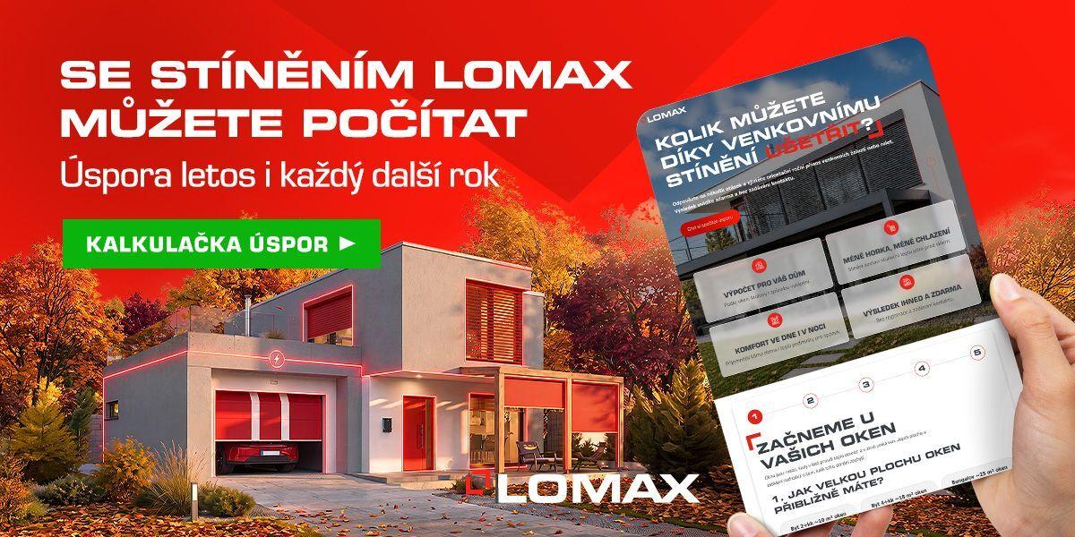 Online kalkulačka LOMAX nabízí orientační odhad přínosu venkovního stínění. Ilustrační vizuál kampaně.