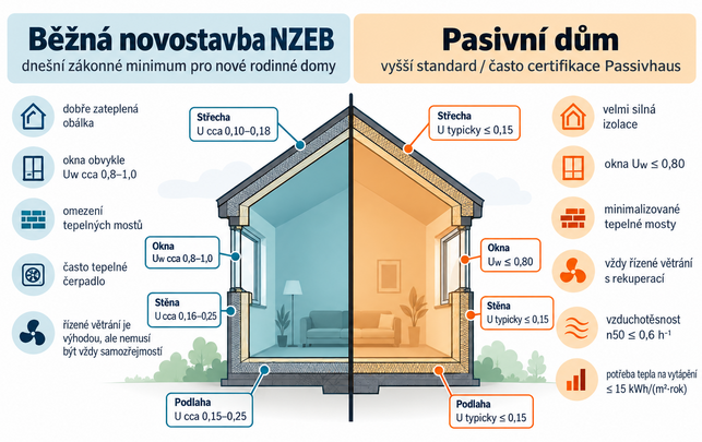 Typické hodnoty součinitele prostupu tepla U ve W/(m2.K) pro standardní novostavbu (NZEB) a pasivní dům (PD)