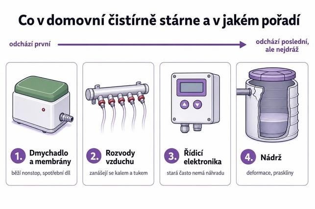 Co v čistírně stárne: dmychadlo, rozvody vzduchu, elektronika, nádrž. (Zdroj: TRiGY)