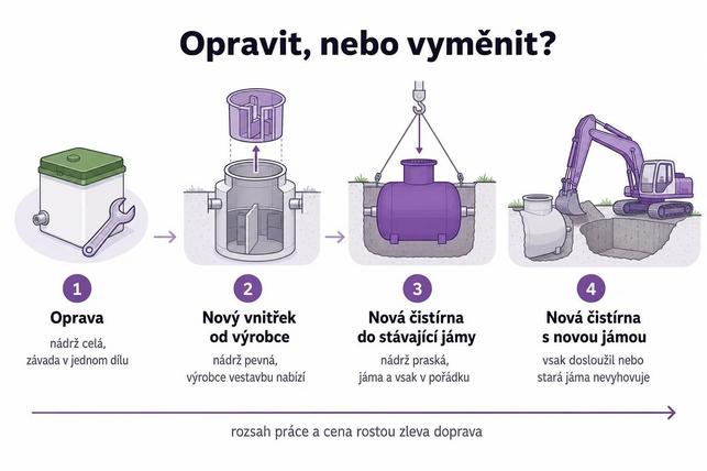 Čtyři cesty u dosluhující čistírny a kdy která dává smysl. (Zdroj: TRiGY)